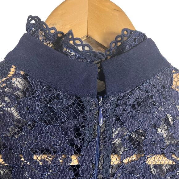 Nicholas Navy Blue Ruffle Trim Lace Long Sleeve Mini Dress Size 2 - Picture 10 of 14